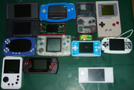 Top row: Nintendo DS Lite; Game Boy Advance; Game Boy micro; Game Boy